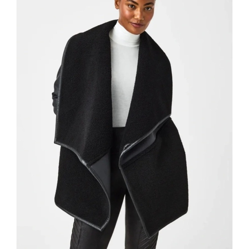 SPANX Fleece Faux Leather Long Wrap Jacket Black Sherpa Drape Moto Coat L